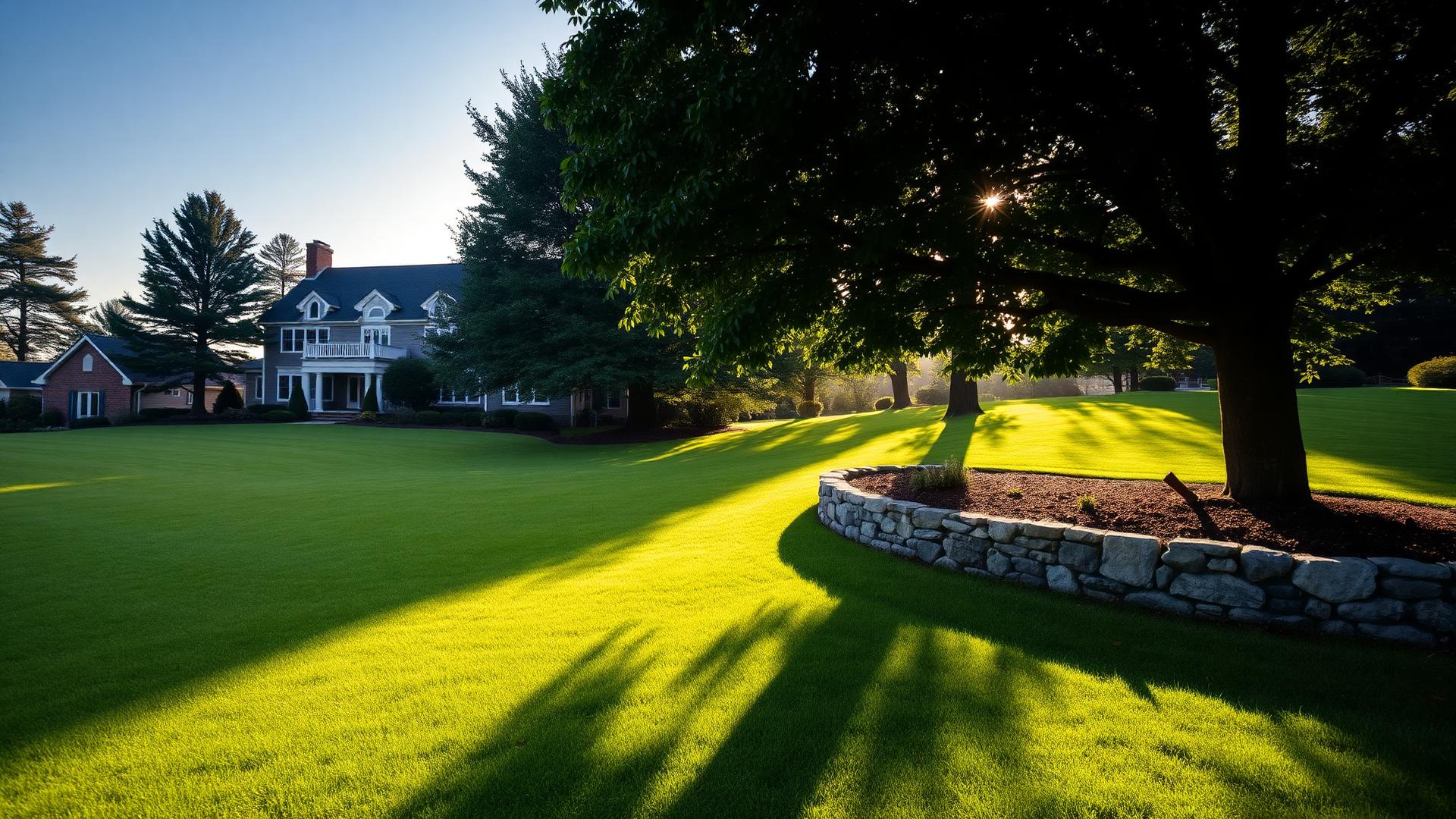Manicured lawn and stone wall at a Norwalk, Connecticut property
